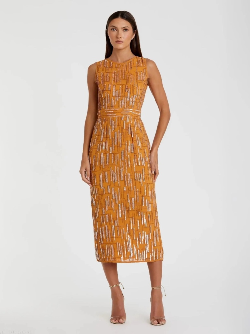Mac Duggal Saffron Abstract Beaded Sleeveless Midi Sheath Dress